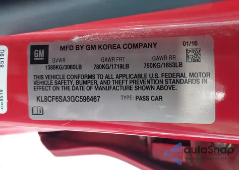 2016 Chevrolet Spark 2Lt Cvt z USA, uszkodzony, nr VIN KL8CF6SA3GC596467